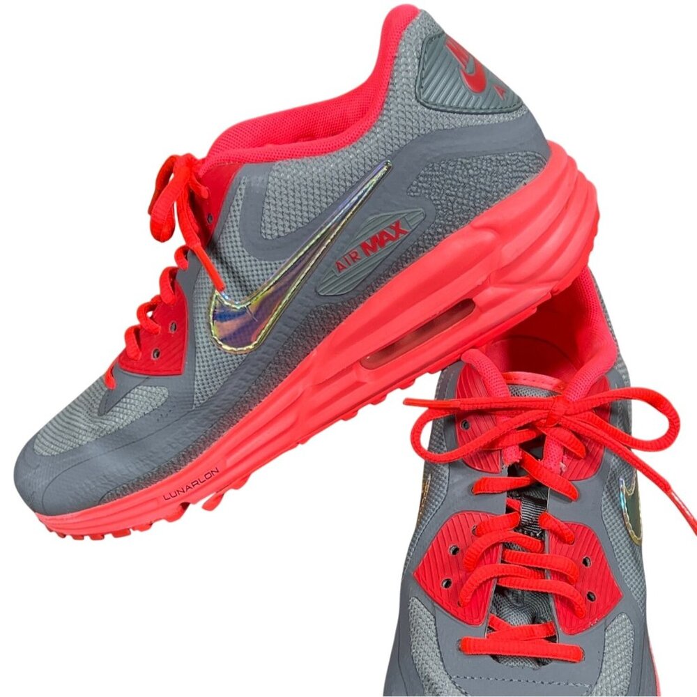 NIKE Air Max Lunarlon Running Shoes Fluorescent Pink Gray Ladies US Sz 9 EUC